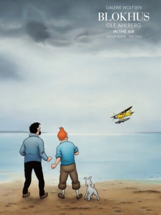Ole Ahlbergs plakat af tintin og haddock der kigger på fly i Blokhus